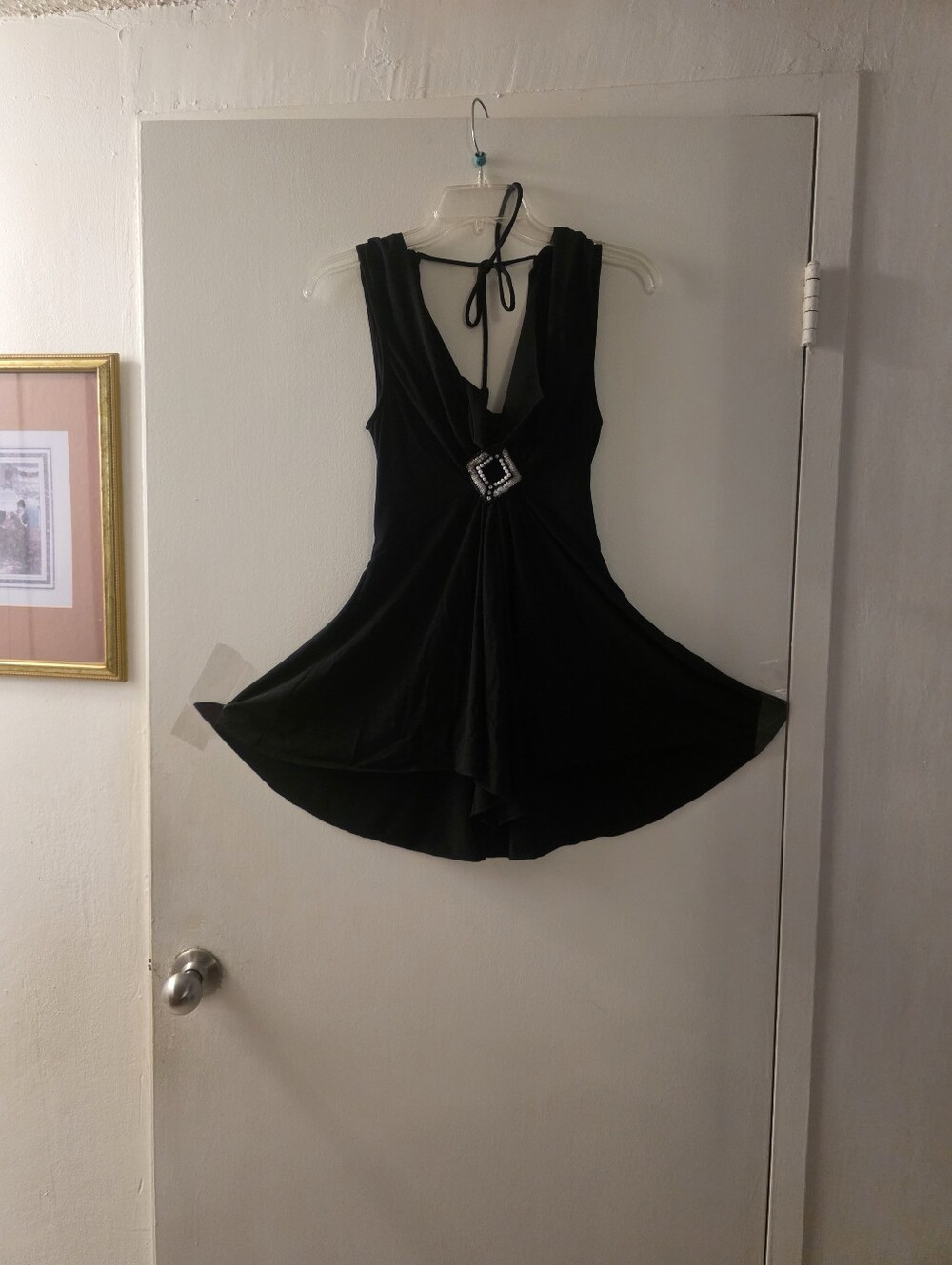 Black Sleeveless Halter Dress with Embellished Waist